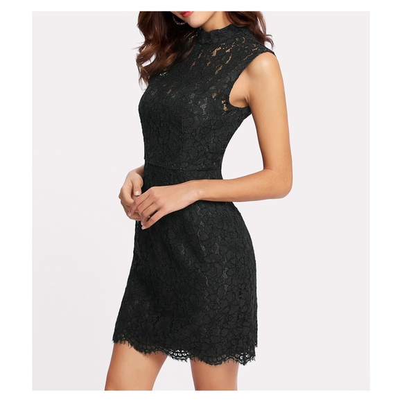 Black Sleeveless Open Back Floral Lace Dress - Picture 3 of 4